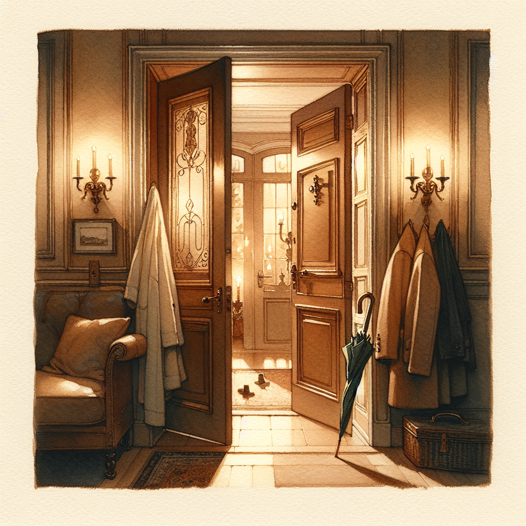 Watercolour illustration of an interior door slightly ajar with two coats hung beside a folded umbrella.