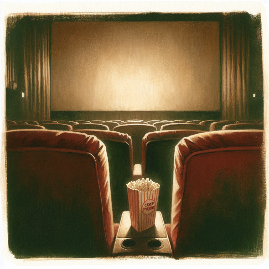 Watercolour illustration of two empty cinema seats in soft red velvet with a paper popcorn cup tucked between them.